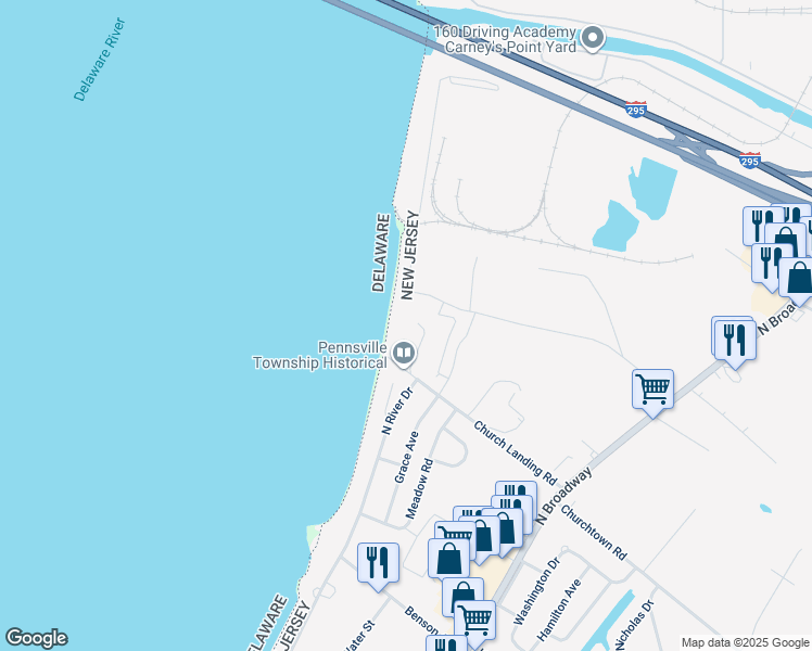 map of restaurants, bars, coffee shops, grocery stores, and more near 88 Church Landing Road in Pennsville Township