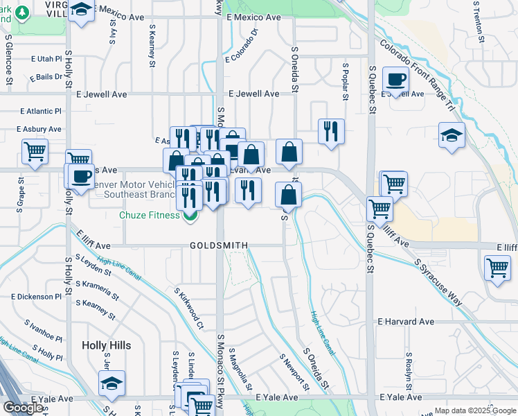 map of restaurants, bars, coffee shops, grocery stores, and more near Memorial Way in Denver