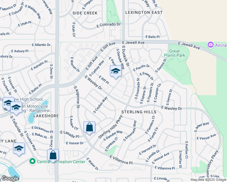 map of restaurants, bars, coffee shops, grocery stores, and more near 19209 East Caspian Place in Aurora