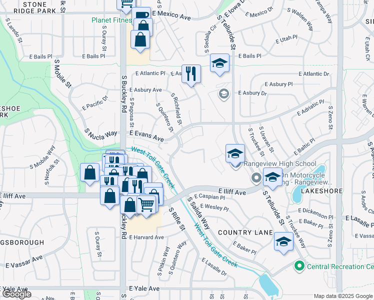 map of restaurants, bars, coffee shops, grocery stores, and more near 17327 East Adriatic Place in Aurora