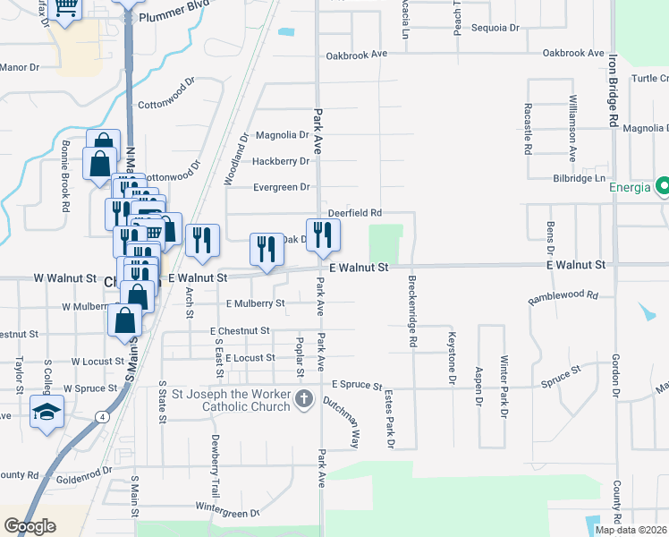 map of restaurants, bars, coffee shops, grocery stores, and more near 800 East Walnut Street in Chatham