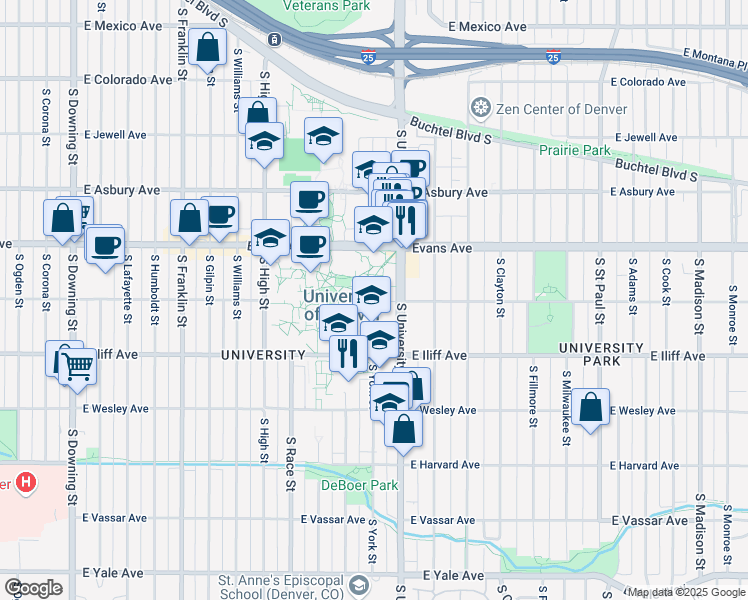 map of restaurants, bars, coffee shops, grocery stores, and more near 2199 South University Boulevard in Denver