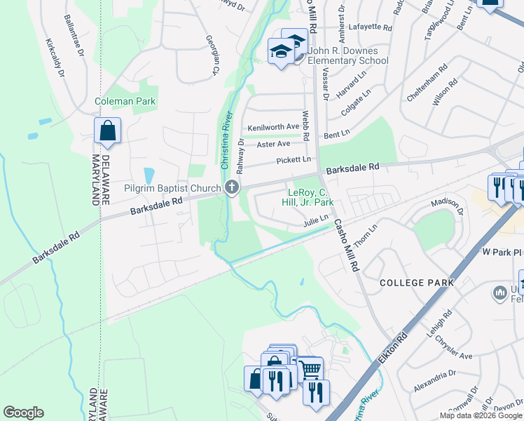 map of restaurants, bars, coffee shops, grocery stores, and more near 43 Julie Lane in Newark