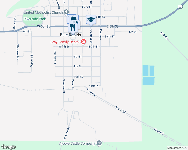 map of restaurants, bars, coffee shops, grocery stores, and more near 10th Street in Blue Rapids