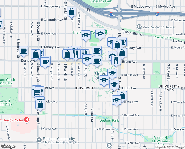 map of restaurants, bars, coffee shops, grocery stores, and more near 2194 South High Street in Denver