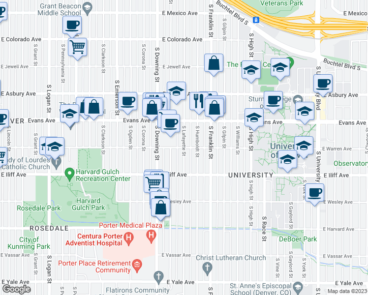map of restaurants, bars, coffee shops, grocery stores, and more near S Lafayette St & E Warren Ave in Denver