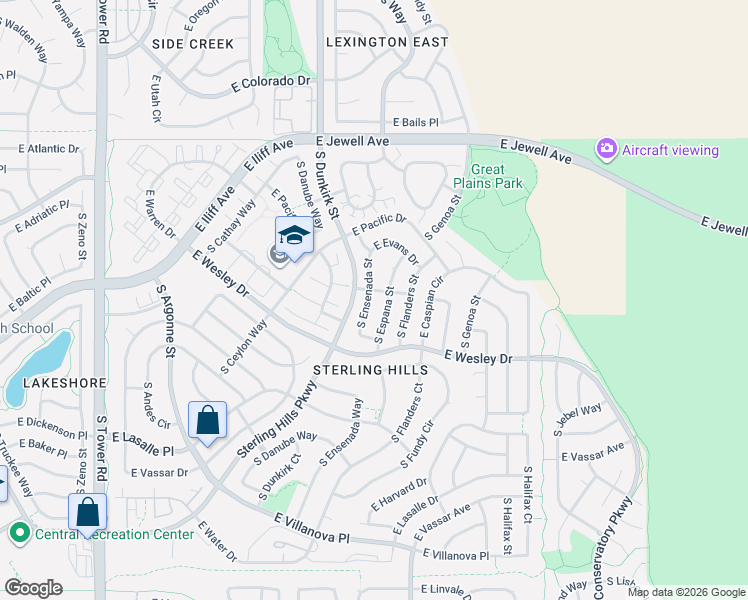 map of restaurants, bars, coffee shops, grocery stores, and more near 2248 South Espana Street in Aurora