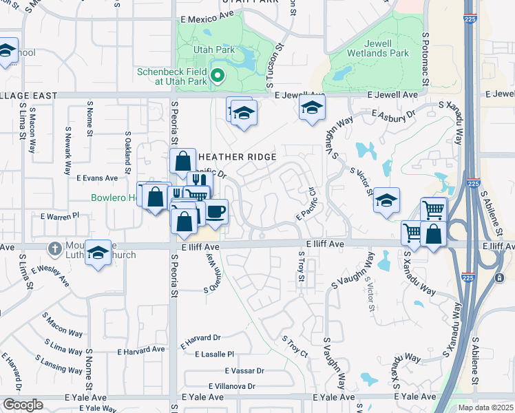 map of restaurants, bars, coffee shops, grocery stores, and more near 12420 East Pacific Circle in Aurora