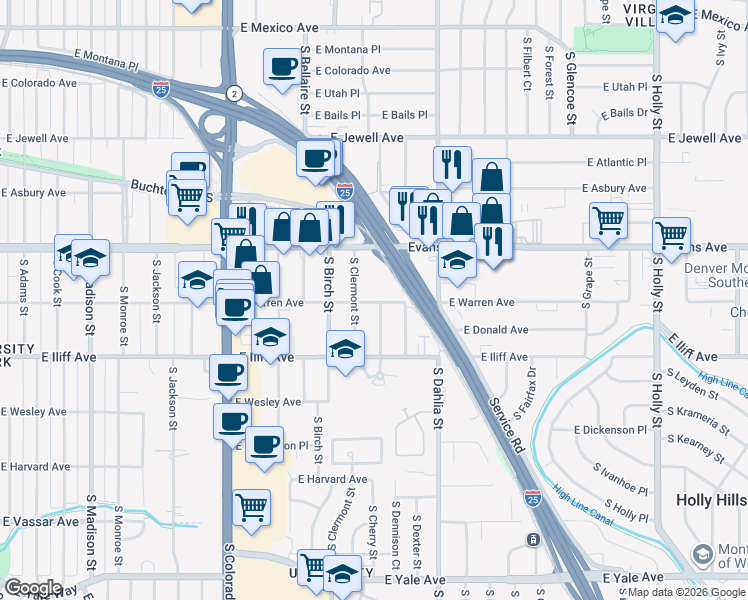 map of restaurants, bars, coffee shops, grocery stores, and more near 2206 South Cherry Street in Denver