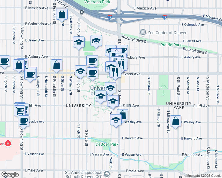 map of restaurants, bars, coffee shops, grocery stores, and more near 2199 South University Boulevard in Denver