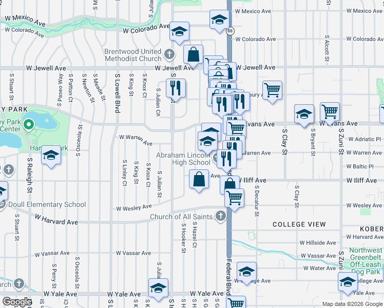 map of restaurants, bars, coffee shops, grocery stores, and more near 2230 South Hooker Way in Denver