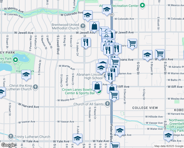 map of restaurants, bars, coffee shops, grocery stores, and more near 2230 South Hooker Way in Denver