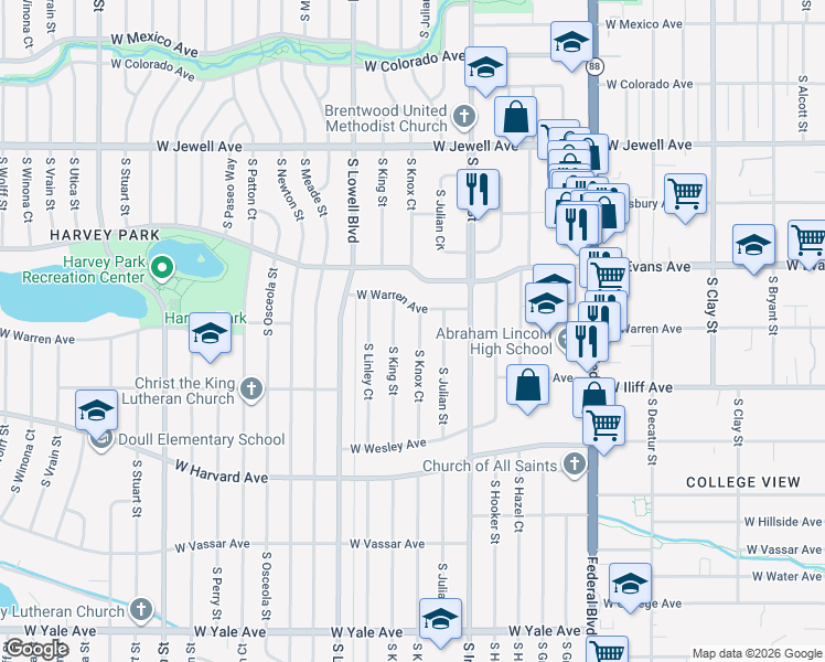 map of restaurants, bars, coffee shops, grocery stores, and more near 2230 South Knox Court in Denver