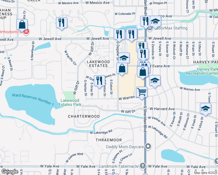 map of restaurants, bars, coffee shops, grocery stores, and more near 2173 South Eaton Street in Denver