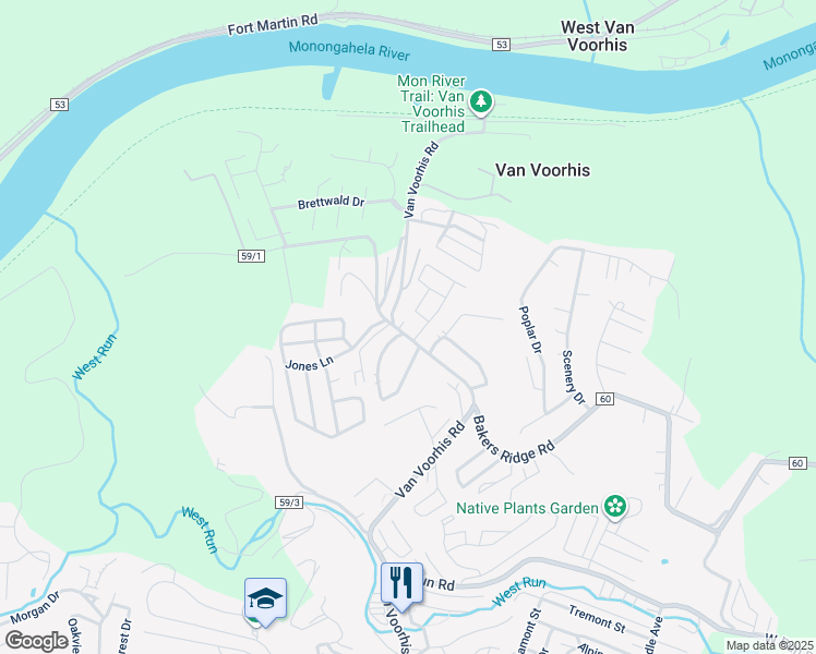 map of restaurants, bars, coffee shops, grocery stores, and more near 1697 Van Voorhis Road in Morgantown