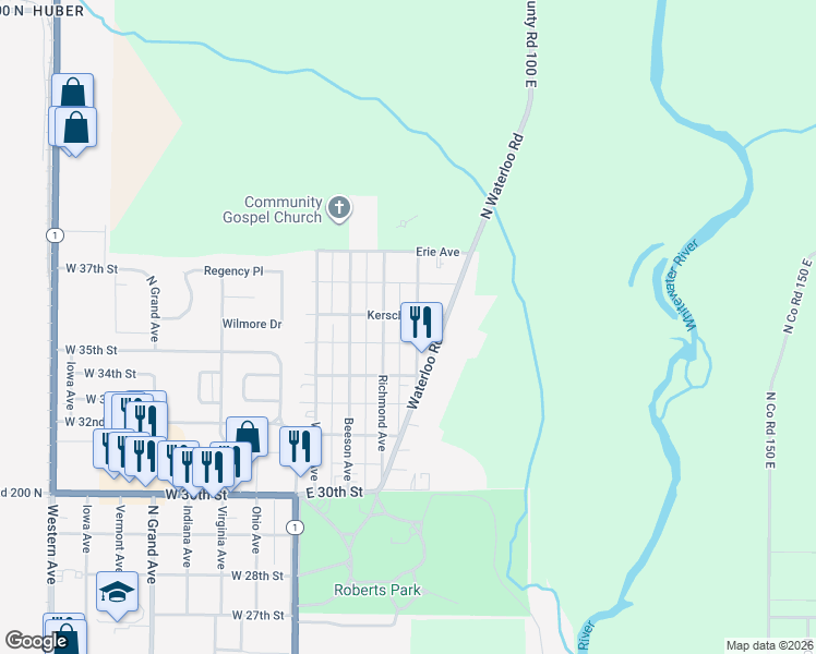 map of restaurants, bars, coffee shops, grocery stores, and more near 3217 Ostheimer Avenue in Connersville