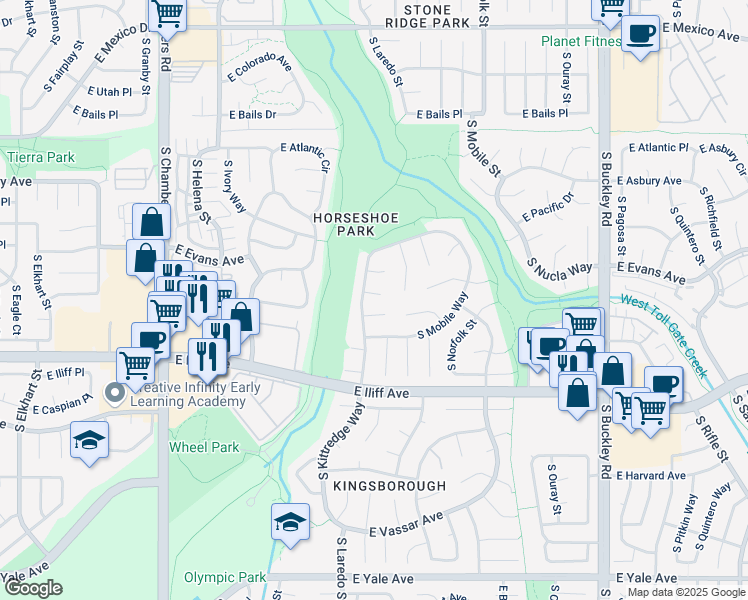 map of restaurants, bars, coffee shops, grocery stores, and more near 16034 East Adriatic Place in Aurora