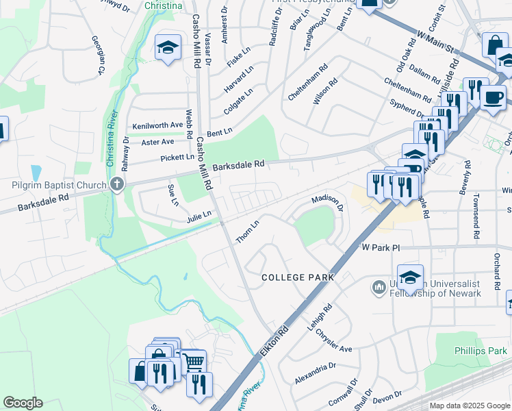 map of restaurants, bars, coffee shops, grocery stores, and more near 2 Patrick Henry Court in Newark