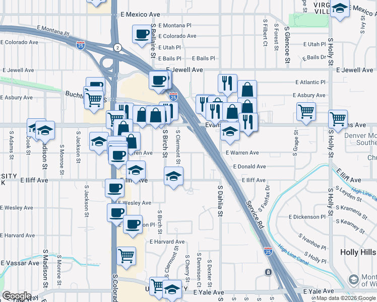 map of restaurants, bars, coffee shops, grocery stores, and more near 2206 South Cherry Street in Denver