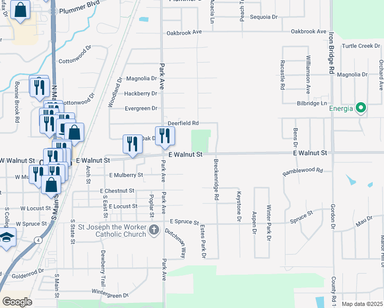 map of restaurants, bars, coffee shops, grocery stores, and more near County Highway 40 in Chatham