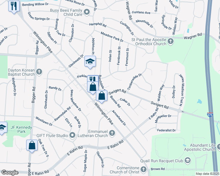 map of restaurants, bars, coffee shops, grocery stores, and more near 2716 Ridgeville Court in Dayton