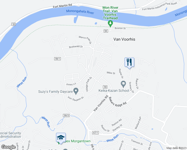 map of restaurants, bars, coffee shops, grocery stores, and more near 1699 Van Voorhis Road in Morgantown