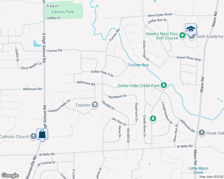 map of restaurants, bars, coffee shops, grocery stores, and more near 5605 Milhouse Road in Indianapolis