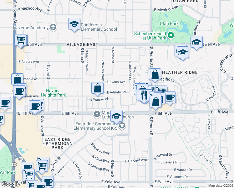 map of restaurants, bars, coffee shops, grocery stores, and more near 2209 South Oakland Way in Aurora