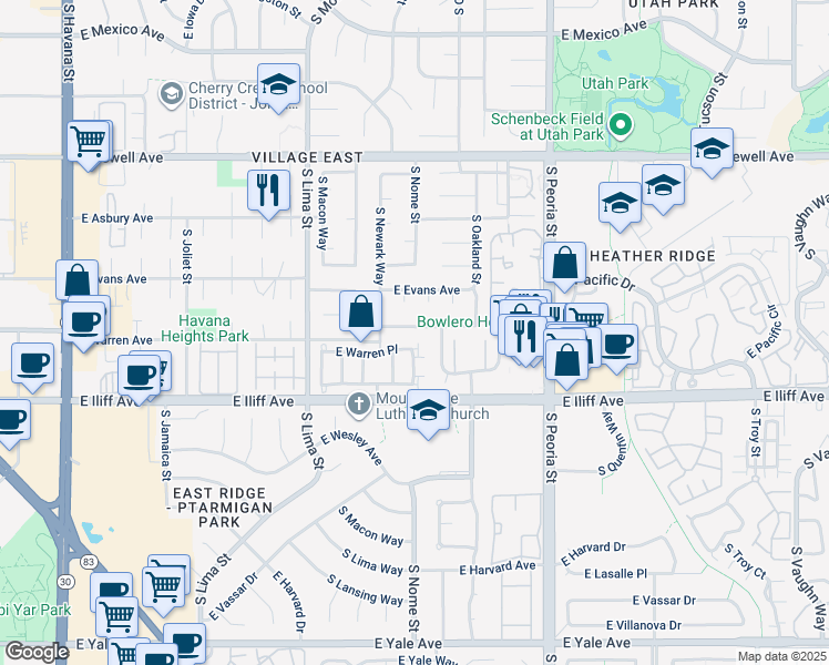 map of restaurants, bars, coffee shops, grocery stores, and more near 11649 East Warren Place in Aurora