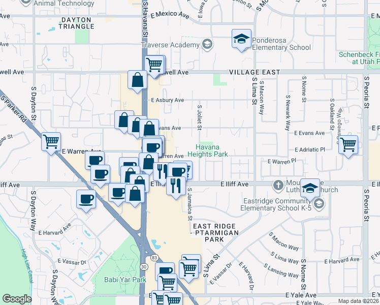 map of restaurants, bars, coffee shops, grocery stores, and more near 10850 East Warren Avenue in Aurora