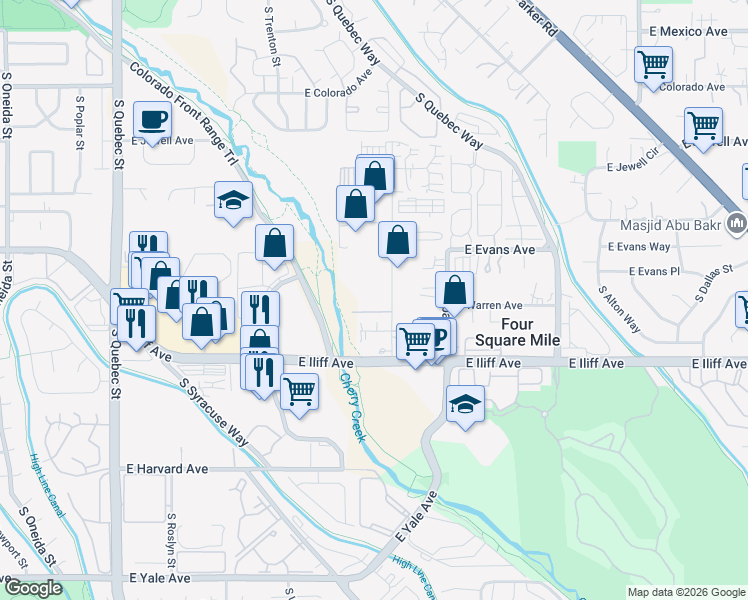 map of restaurants, bars, coffee shops, grocery stores, and more near 2201 S Valentia St in Denver