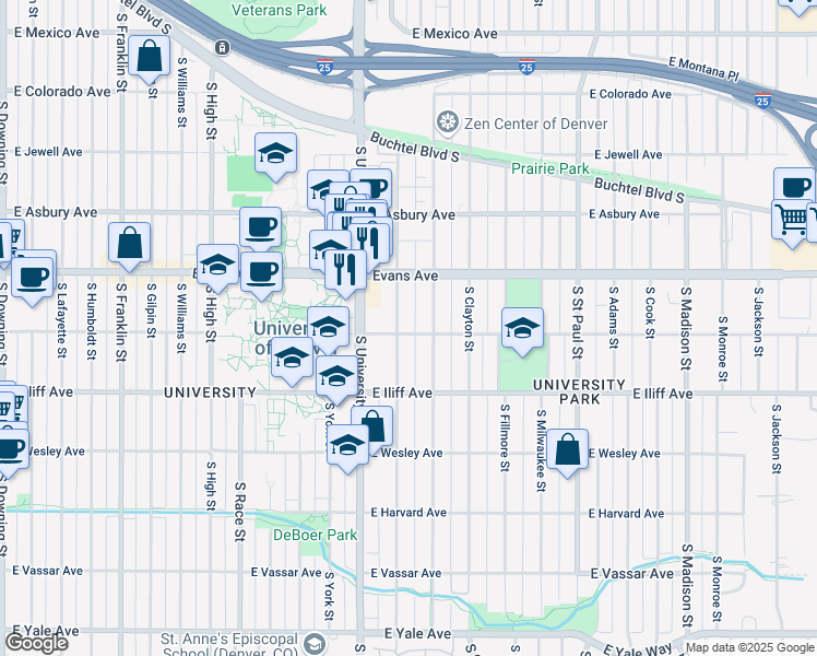 map of restaurants, bars, coffee shops, grocery stores, and more near 2203 South Josephine Street in Denver