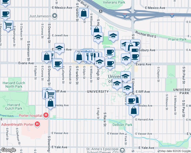 map of restaurants, bars, coffee shops, grocery stores, and more near 2201 South High Street in Denver