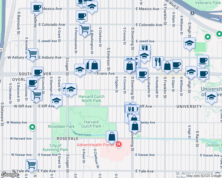 map of restaurants, bars, coffee shops, grocery stores, and more near 970 East Warren Avenue in Denver