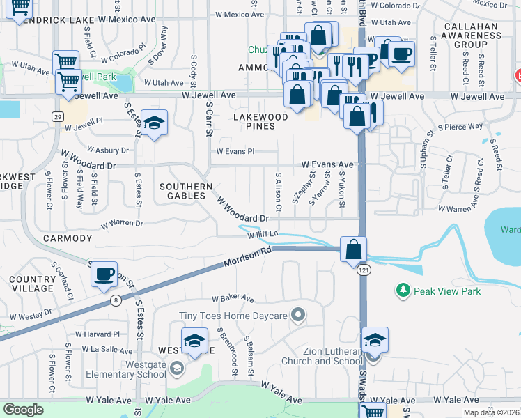 map of restaurants, bars, coffee shops, grocery stores, and more near 2191 South Allison Court in Lakewood