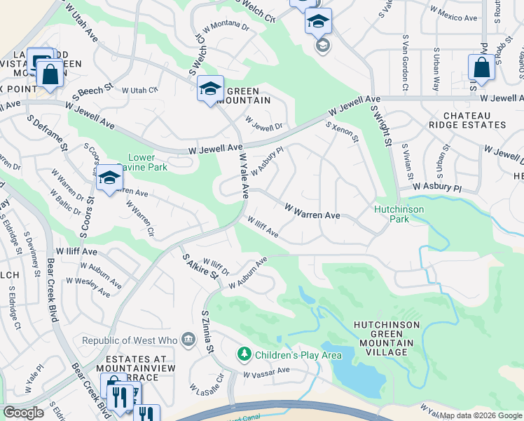 map of restaurants, bars, coffee shops, grocery stores, and more near 2290 South Zang Court in Lakewood