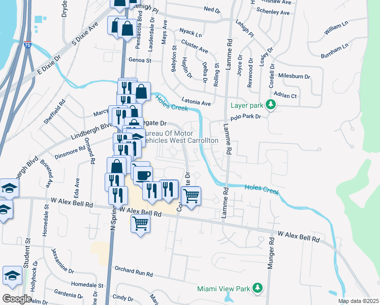 map of restaurants, bars, coffee shops, grocery stores, and more near 5282 Cobblegate Drive in Moraine