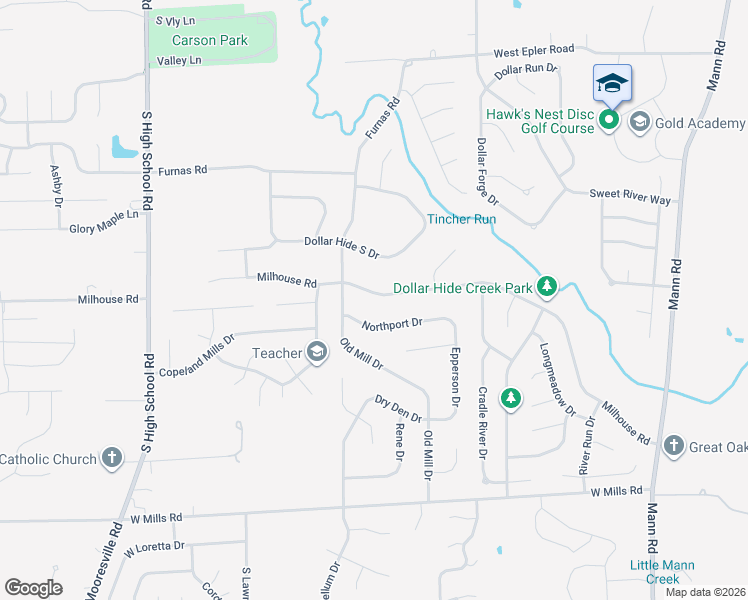 map of restaurants, bars, coffee shops, grocery stores, and more near 5605 Milhouse Road in Indianapolis