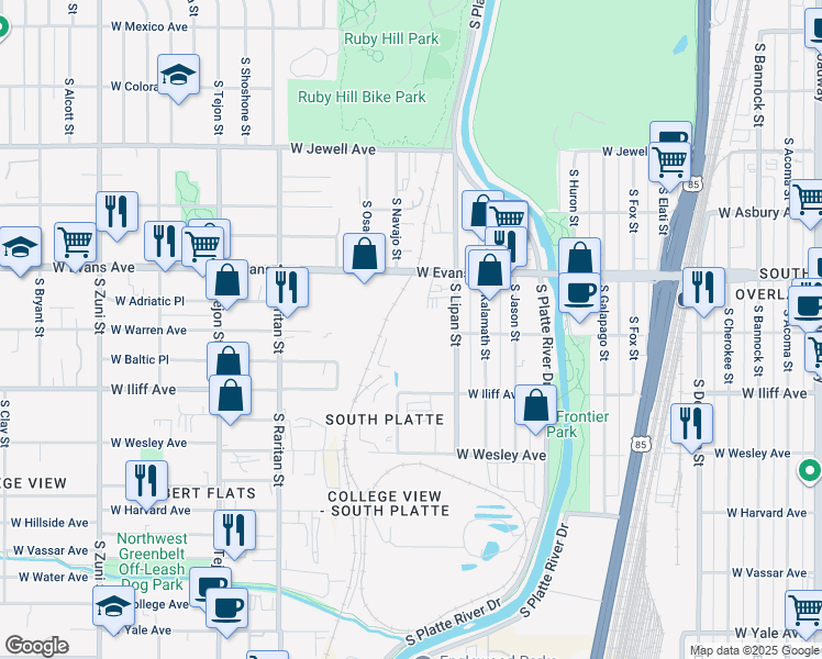 map of restaurants, bars, coffee shops, grocery stores, and more near 1314 West Evans Avenue in Denver