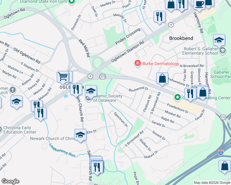 map of restaurants, bars, coffee shops, grocery stores, and more near 1023 South Gerald Drive in Newark