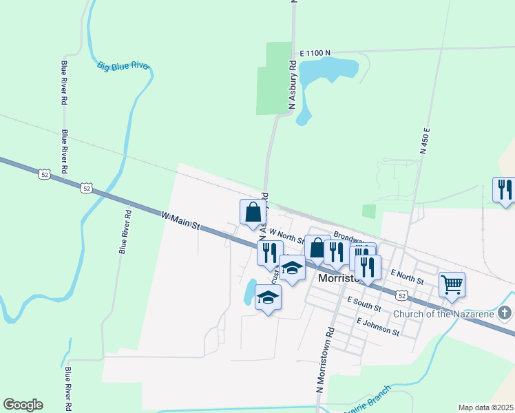 map of restaurants, bars, coffee shops, grocery stores, and more near 255 North Asbury Road in Morristown