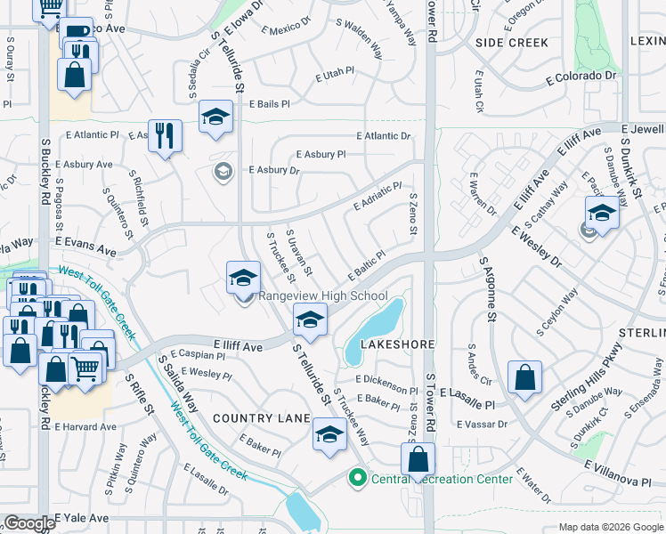 map of restaurants, bars, coffee shops, grocery stores, and more near 2245 South Waco Street in Aurora