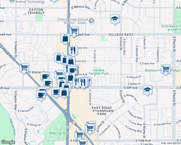 map of restaurants, bars, coffee shops, grocery stores, and more near 10850 East Warren Avenue in Aurora