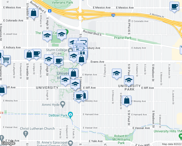 map of restaurants, bars, coffee shops, grocery stores, and more near 2401 E Warren Ave in Denver