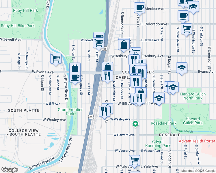 map of restaurants, bars, coffee shops, grocery stores, and more near 2201 South Delaware Street in Denver