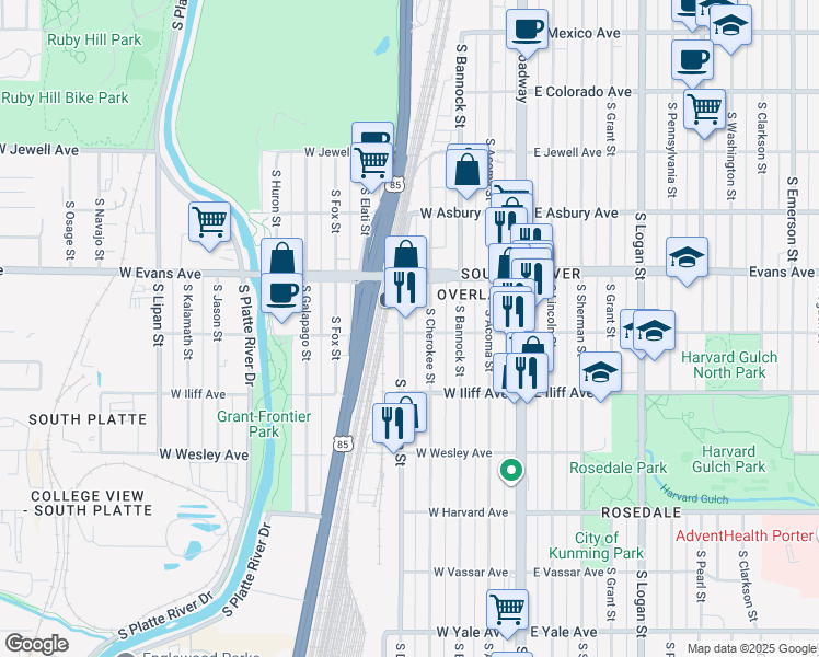 map of restaurants, bars, coffee shops, grocery stores, and more near 365 West Warren Avenue in Denver