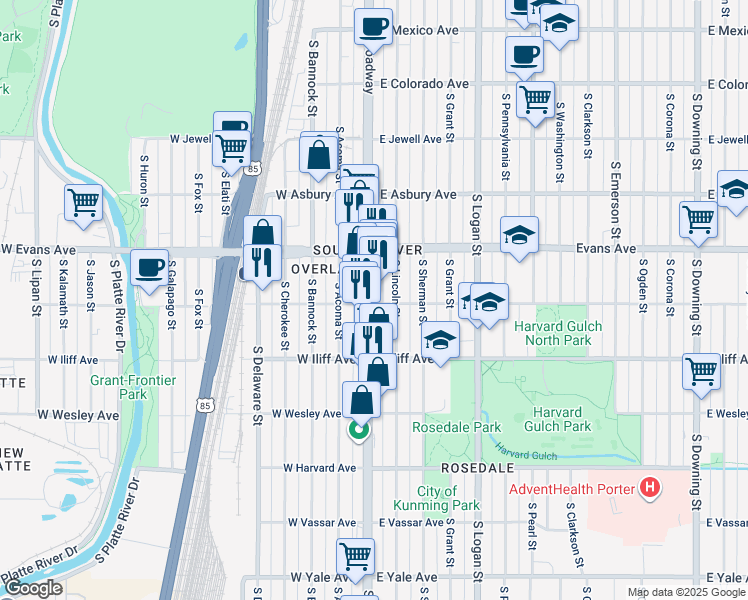 map of restaurants, bars, coffee shops, grocery stores, and more near in Denver
