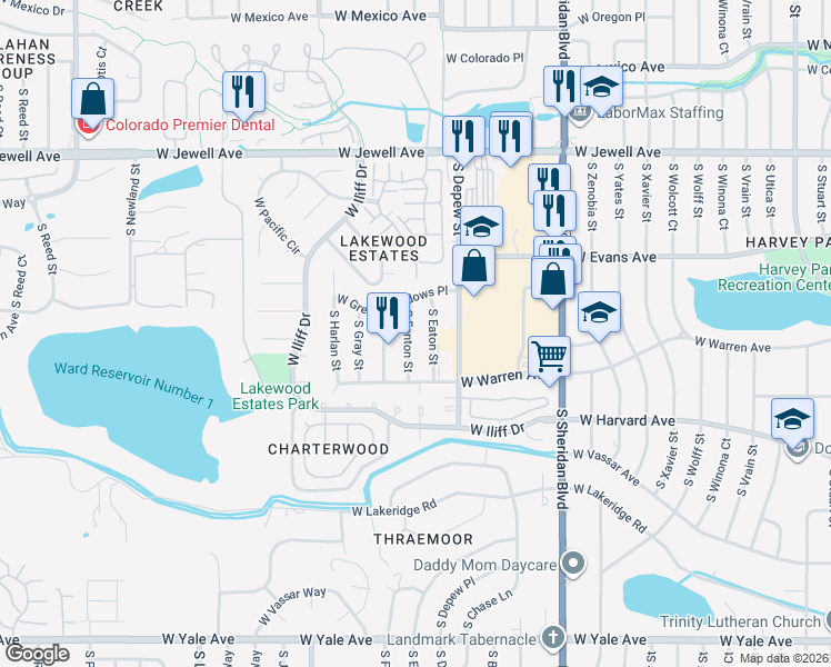 map of restaurants, bars, coffee shops, grocery stores, and more near 2173 South Eaton Street in Denver