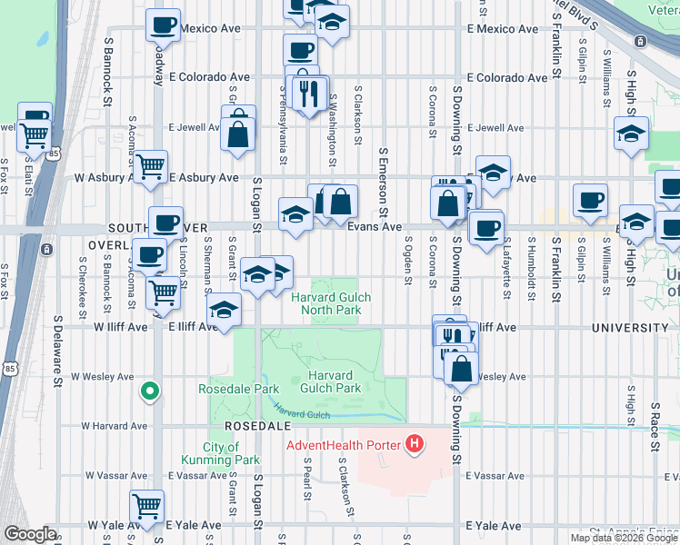 map of restaurants, bars, coffee shops, grocery stores, and more near 2196 South Washington Street in Denver