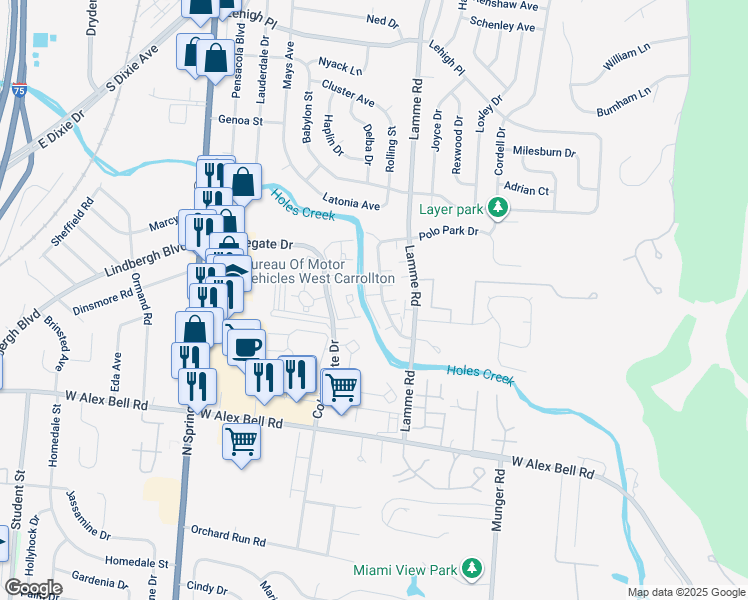 map of restaurants, bars, coffee shops, grocery stores, and more near 5237 Belle Isle Drive in Dayton